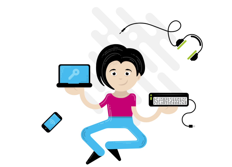 Piktogramm: Person jongliert mit Rechner, Tastatur, Smartphone und Kopfhörern.